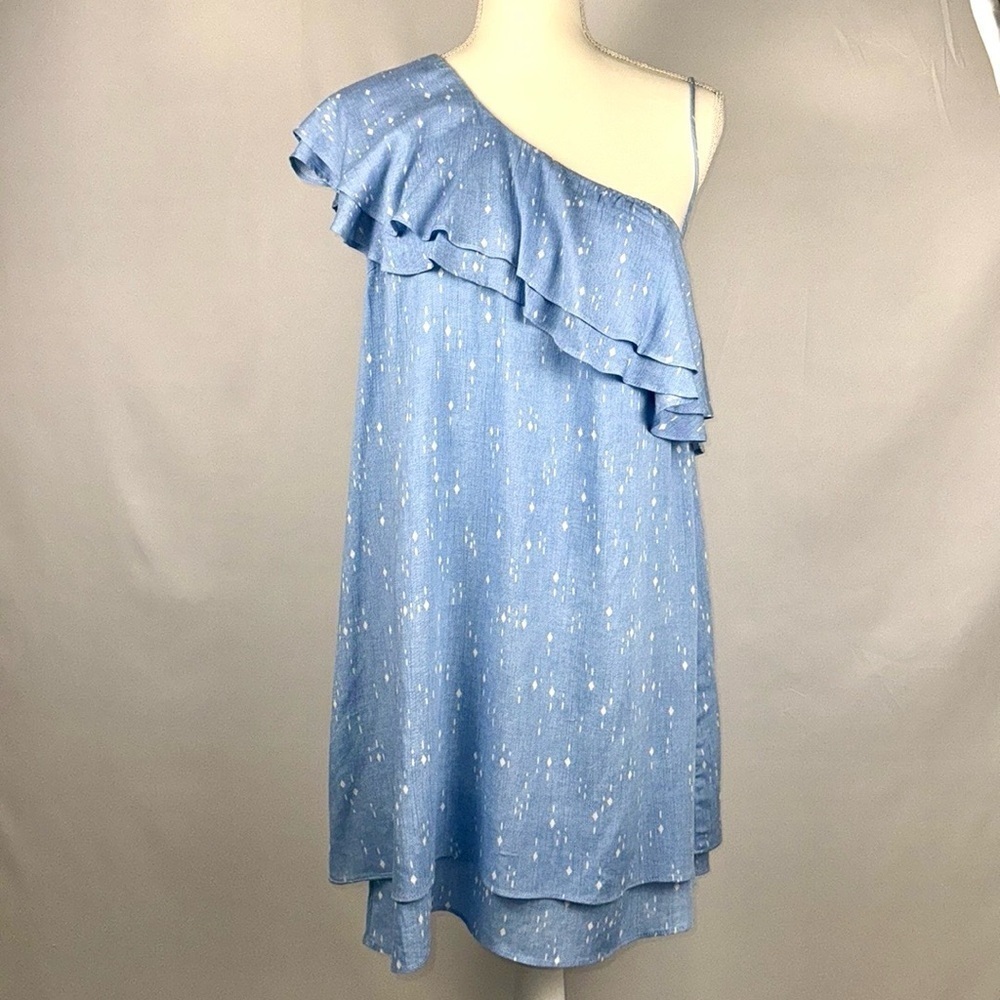 Charles Henry Shift Mini Dress One Shoulder Ruffle Pastel Blue Dot Medium Summer - Picture 4 of 13